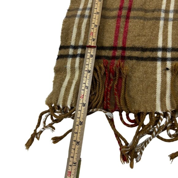 Plaid Pattern Beige Red & Black Fringe Scarf By Cejon 56" X 10" Acrylic Blend Ma - Picture 7 of 8